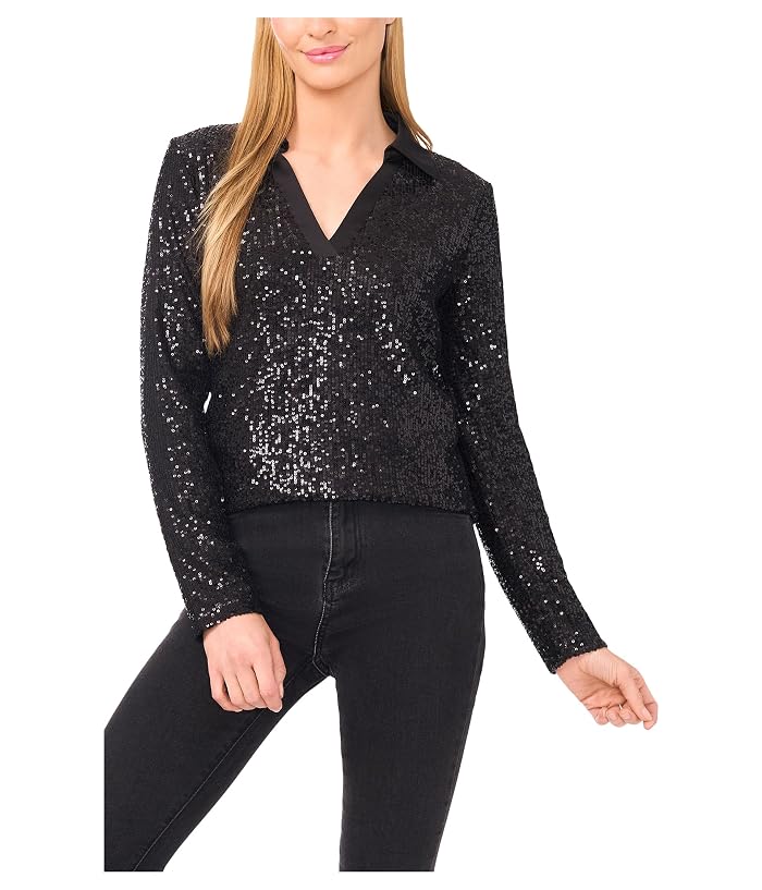 CeCe Long Sleeve Sequin Polo Top