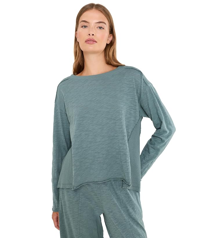 Mod-o-doc Long Sleeve Mix Media Jewel Neck Top
