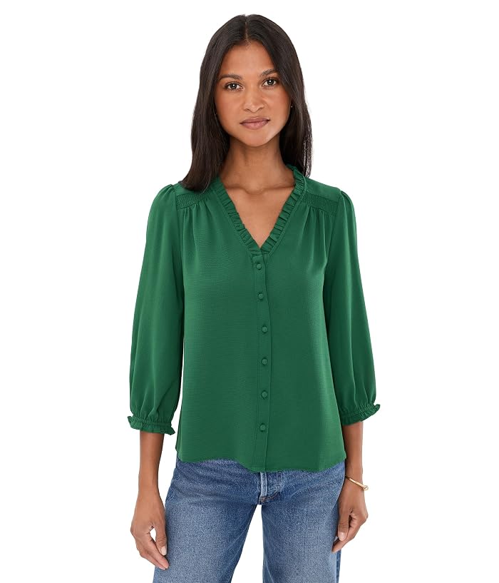 CeCe 3/4 Sleeve Ruffled V-Neck Blouse
