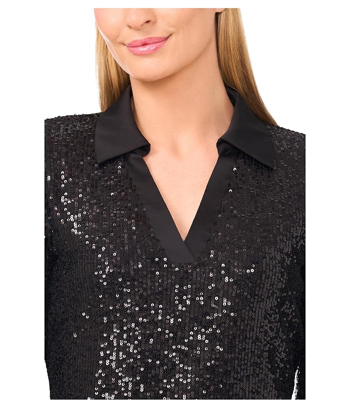 CeCe Long Sleeve Sequin Polo Top - Image 3