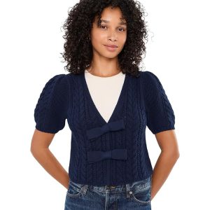 525 america Alexandra All Over Cable Puff Sleeve Bow Cardigan