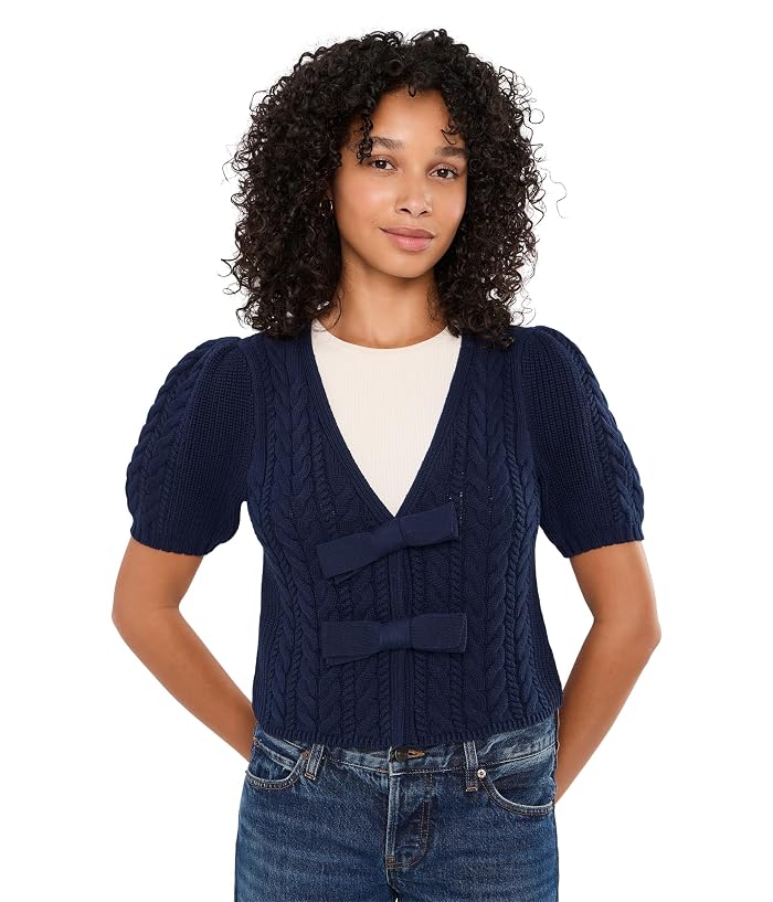 525 america Alexandra All Over Cable Puff Sleeve Bow Cardigan