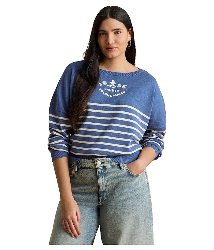 Lauren Ralph Lauren Plus Size Logo Striped Cotton Boatneck Sweater