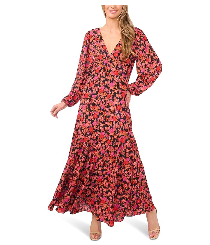 CeCe V-Neck Balloon Sleeve Printed Maxi Dress