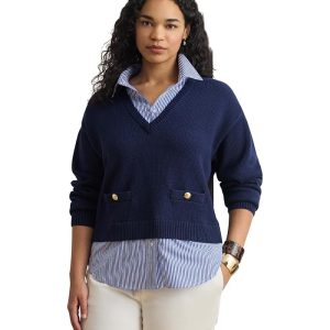 Lauren Ralph Lauren Plus Size Layered Button-Trim Cotton Sweater