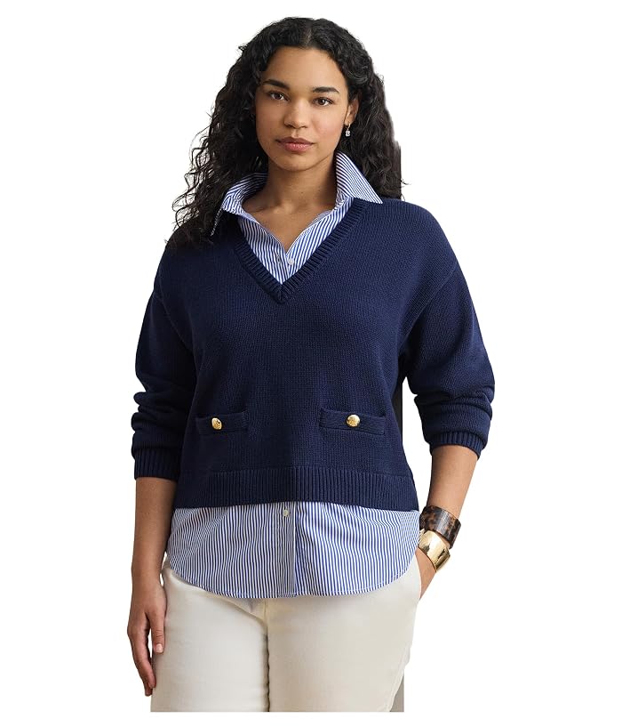 Lauren Ralph Lauren Plus Size Layered Button-Trim Cotton Sweater