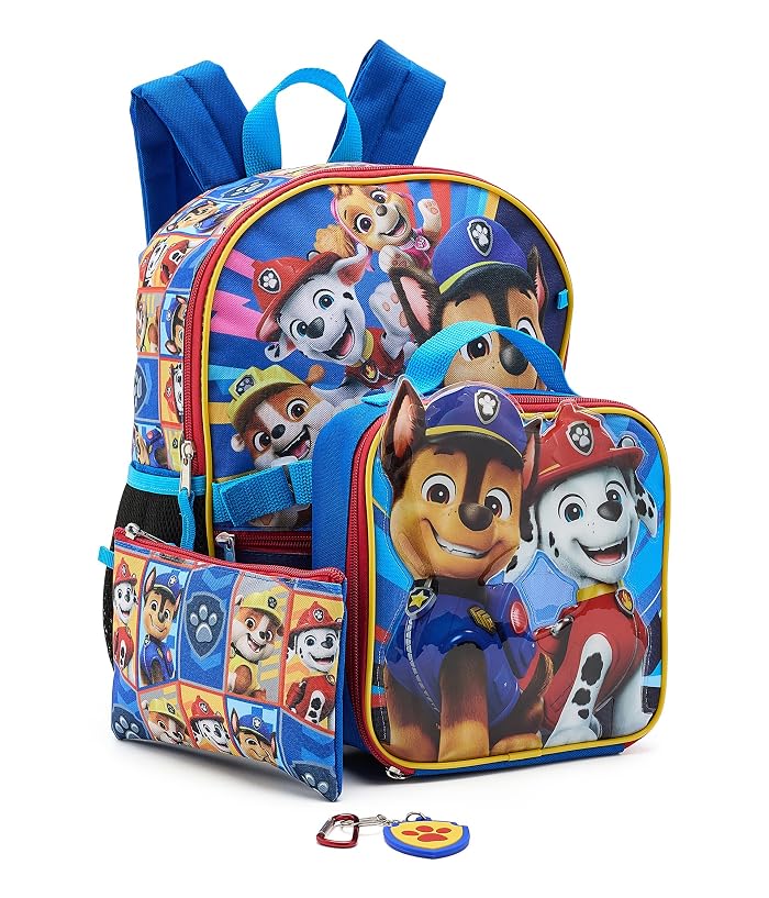 BIOWORLD Kids Paw Patrol 16" Backpack Five-Piece Set w/ Lunchkit, Utility Case, Molded Keychain, Carabiner