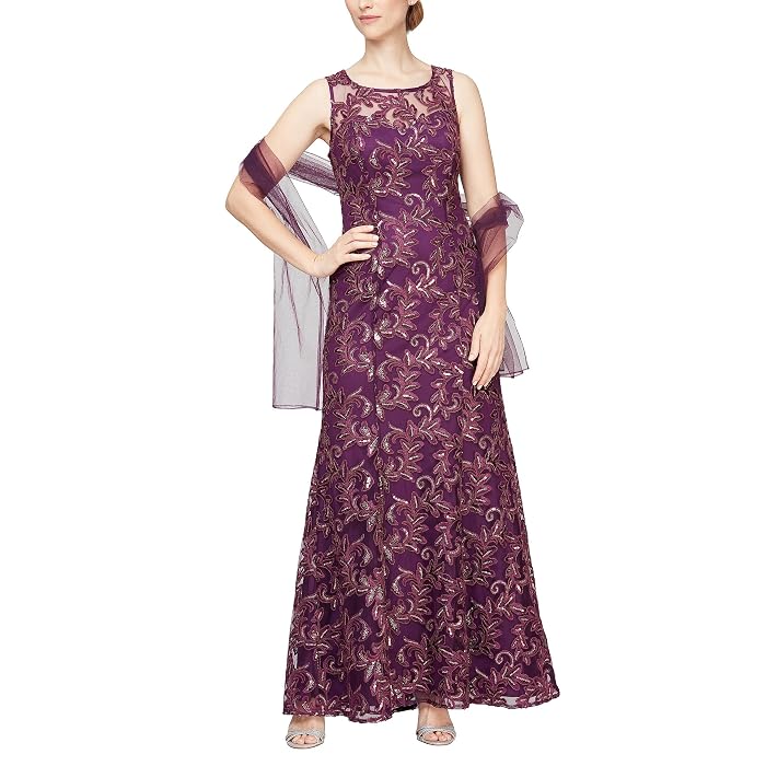 Alex Evenings Long Embroidered Gown with Sweetheart Illusion Neckline and Chiffon Shawl
