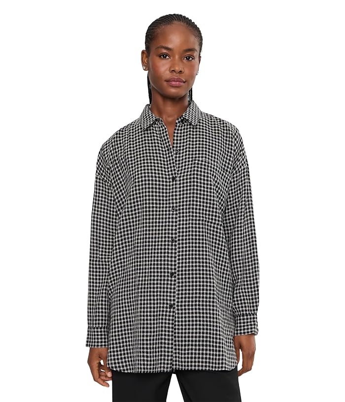 Eileen Fisher Wool Cotton Check Classic Collar Shirt